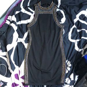 Black and Gold High Neck Fitted Short Dress